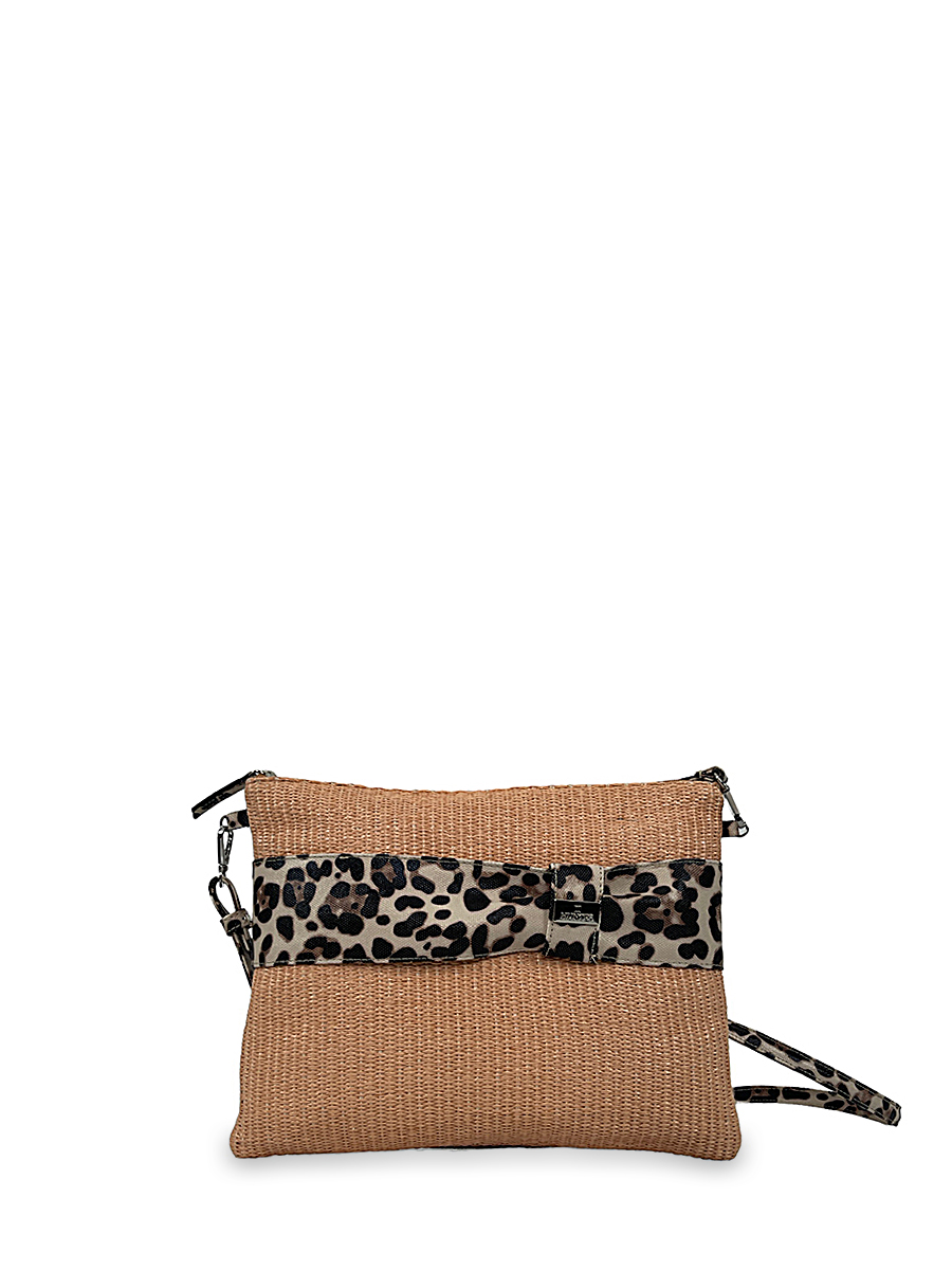 Γυναικεία τσάντα χειρός-χιαστί Straw Leopard Σομόν